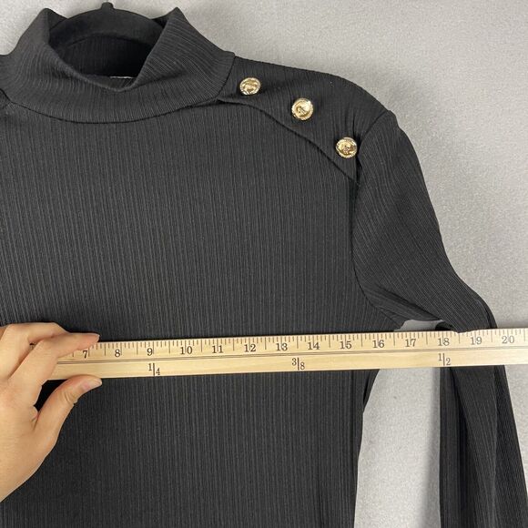 Vintage Walter Baker Ribbed Dress Womens Small Black Gold Button Mini Bodycon - Picture 4 of 15